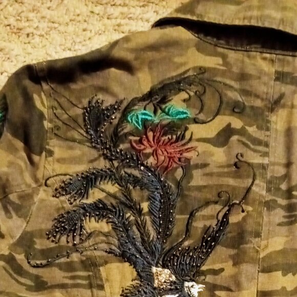 Morbid Threads Denim Military Jacket Embroidery Beaded Camouflage Women's XL - Picture 7 of 16